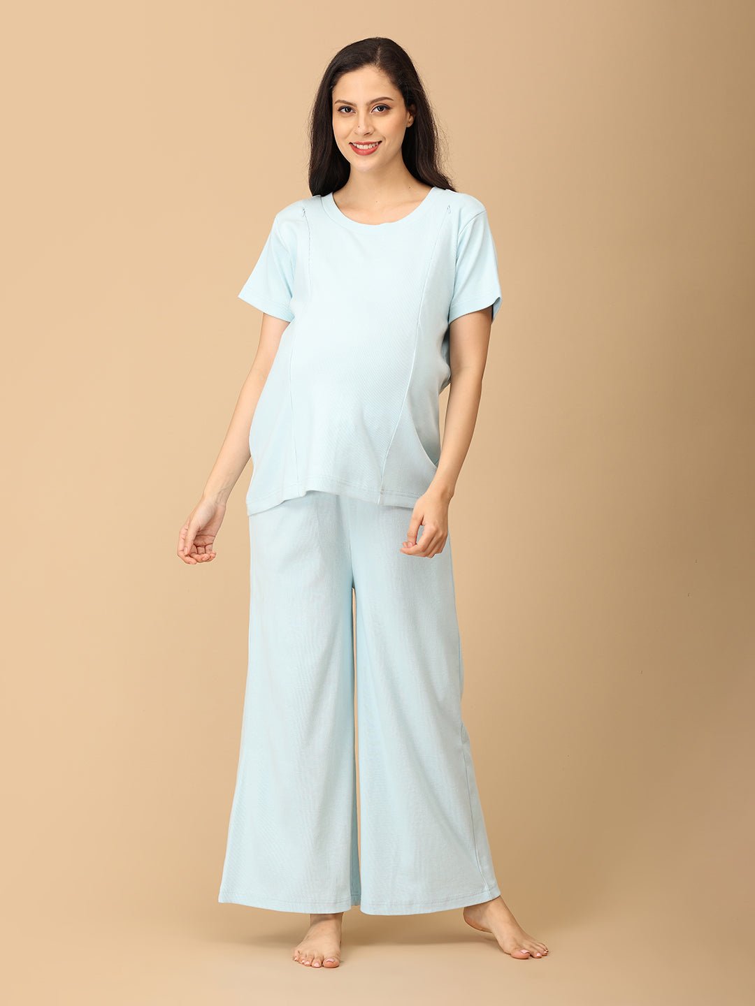 Frosted Fluff Maternity and Nursing Rib Nightwear Set Blue