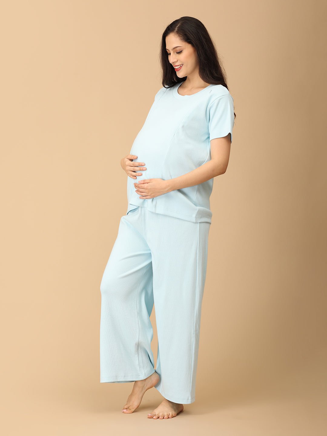  Frosted Fluff Maternity and Nursing Rib Nightwear Set Blue