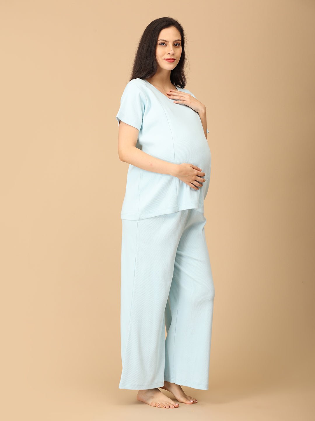  Frosted Fluff Maternity and Nursing Rib Nightwear Set Blue
