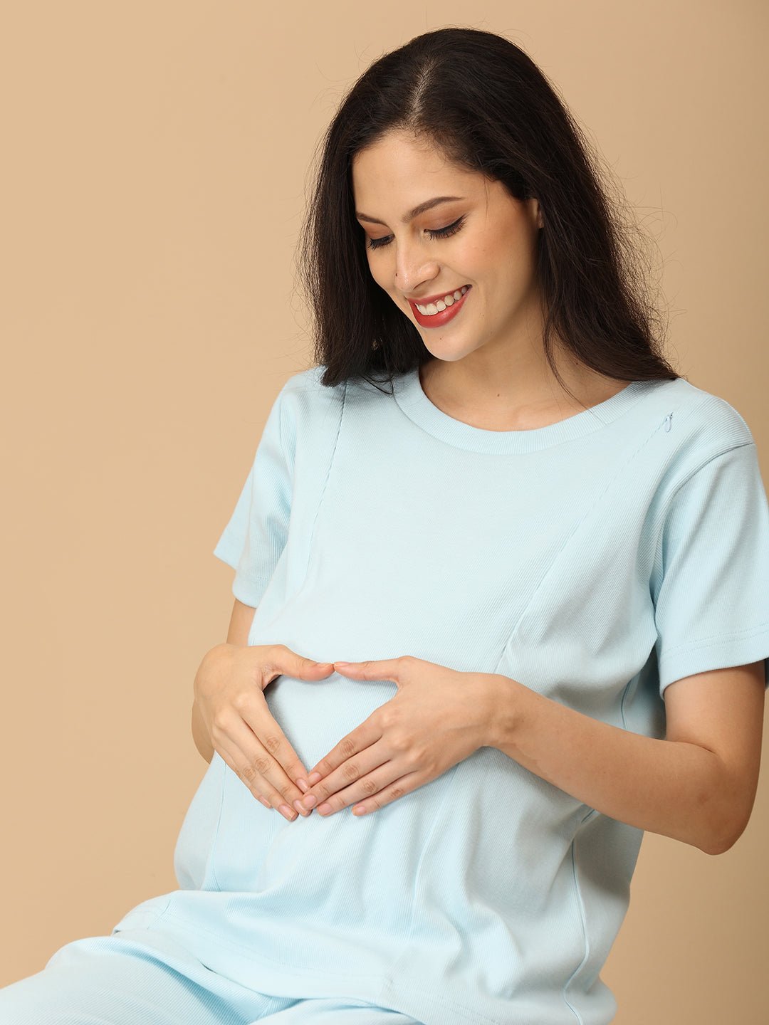  Frosted Fluff Maternity and Nursing Rib Nightwear Set Blue