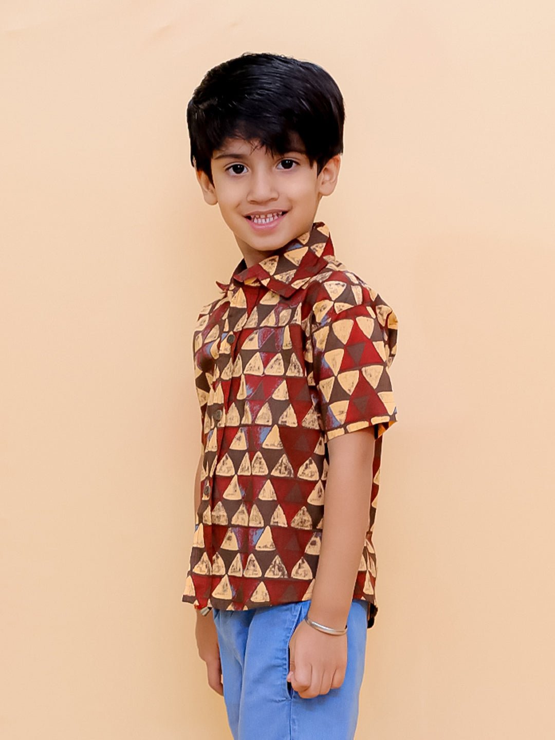 Geometrical Ajrakh Print Multi Half Sleeve Cotton Shirt For Boys