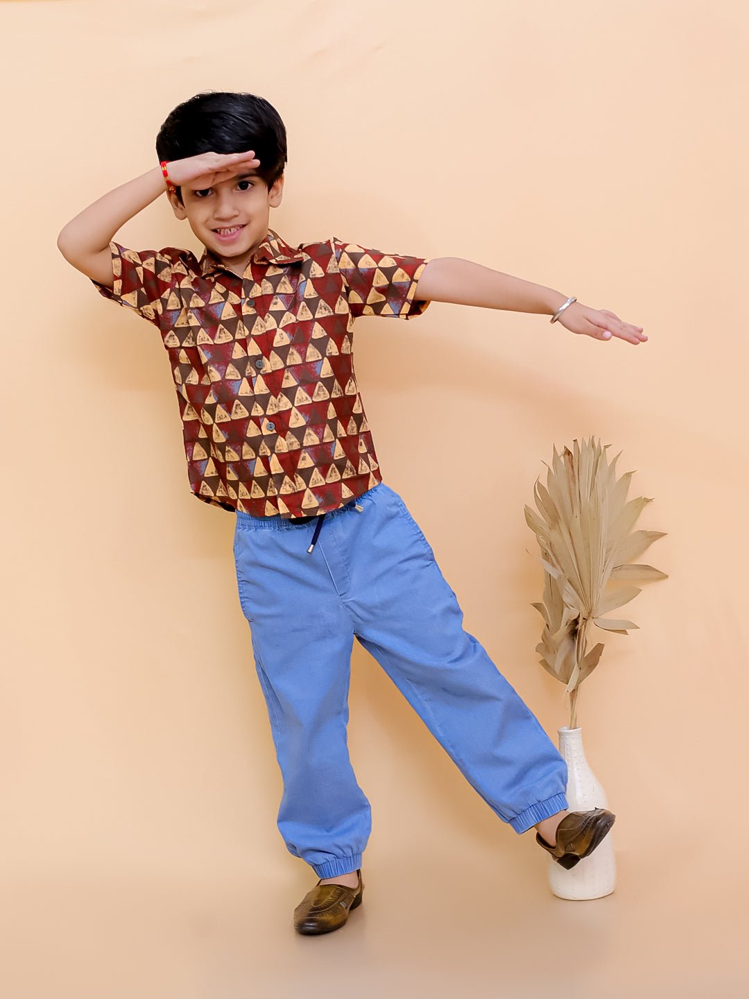 Geometrical Ajrakh Print Multi Half Sleeve Cotton Shirt For Boys