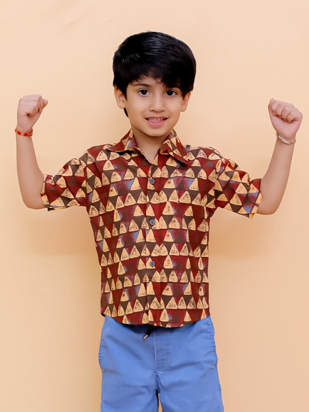 Geometrical Ajrakh Print Multi Half Sleeve Cotton Shirt For Boys
