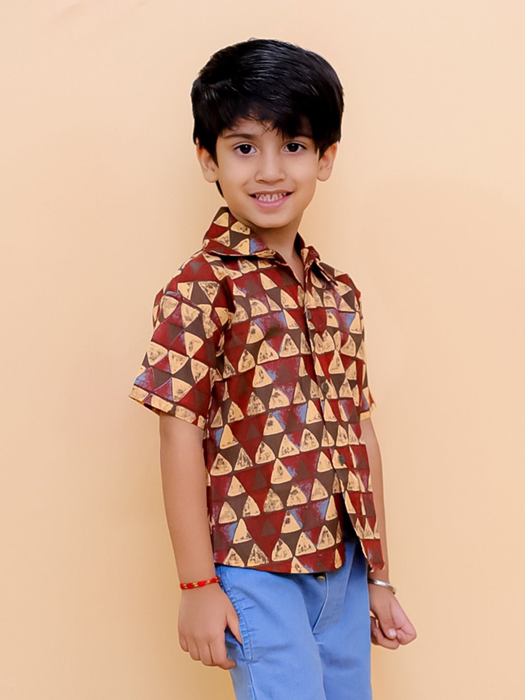 Geometrical Ajrakh Print Multi Half Sleeve Cotton Shirt For Boys