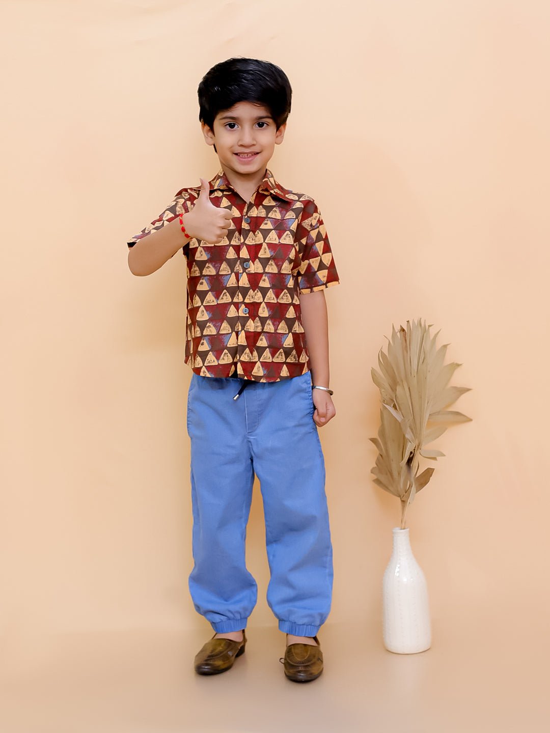 Geometrical Ajrakh Print Multi Half Sleeve Cotton Shirt For Boys