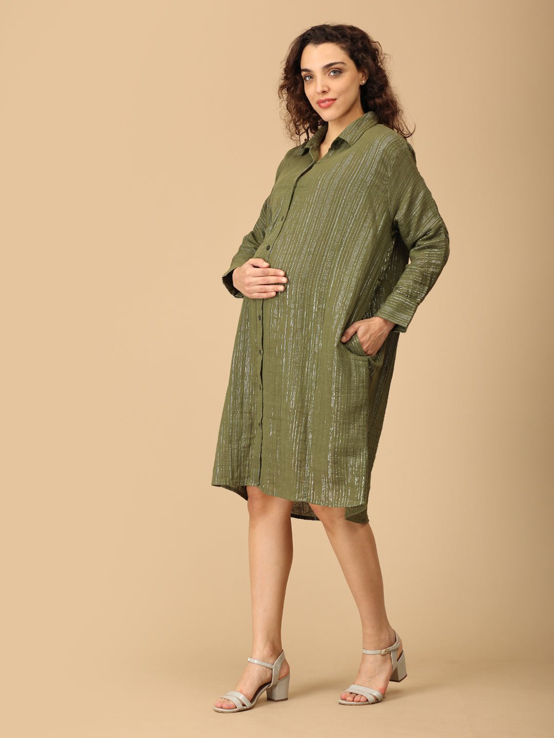  Glam-o-Leaf Maternity and Nursing Oversized Shirt Dress Olive