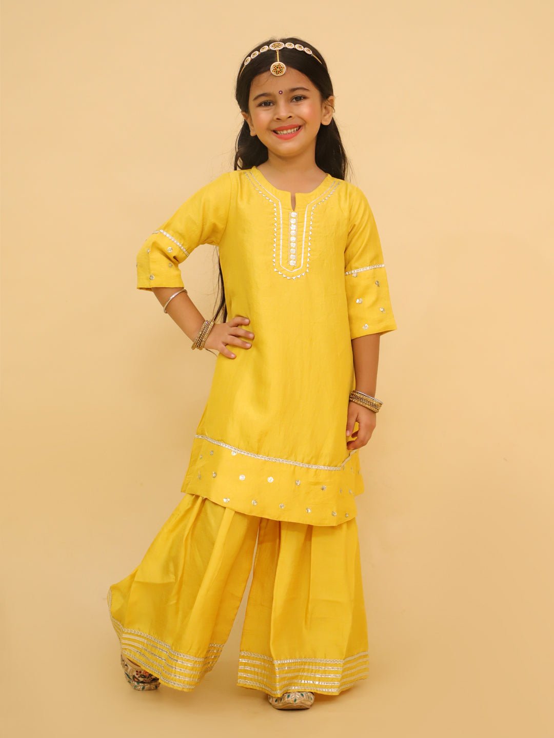Golden Hour Yellow Girls Anarkali Sharara Set For Kids