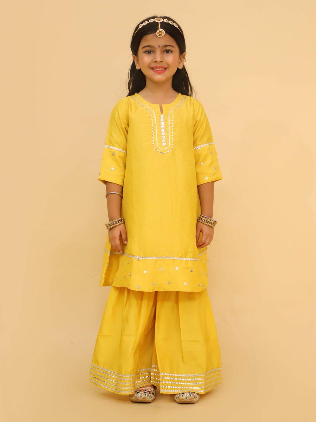 Golden Hour Yellow Girls Anarkali Sharara Set For Kids