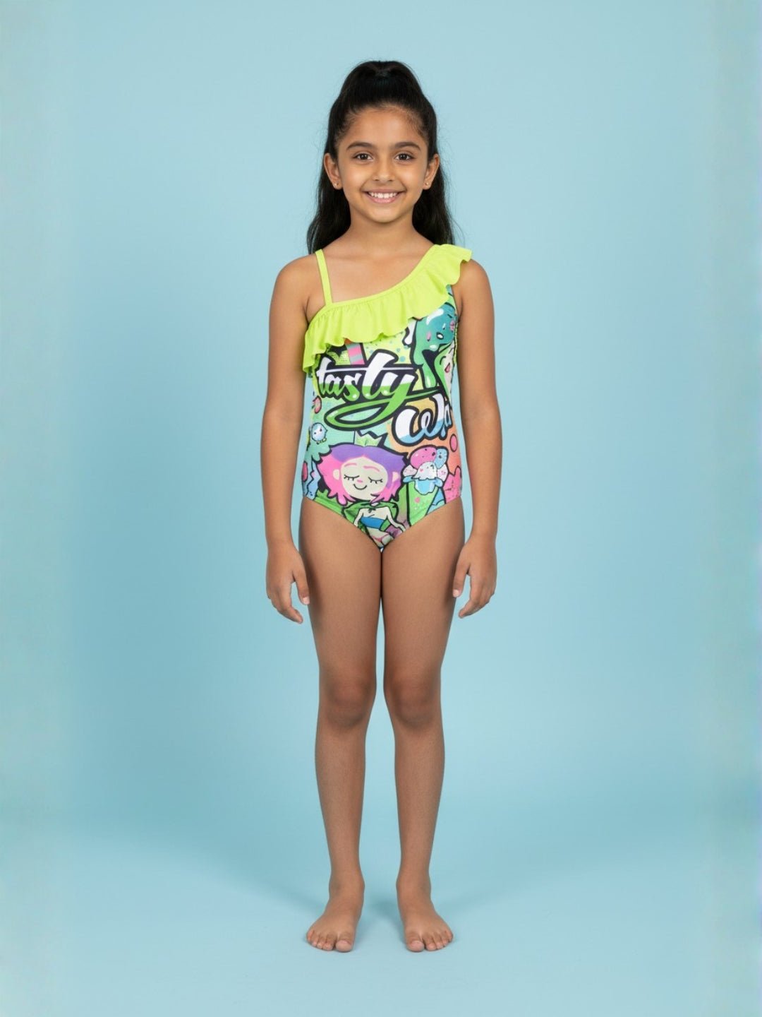 Graffiti Glam Girls Ruffle One Shoulder Swimsuit