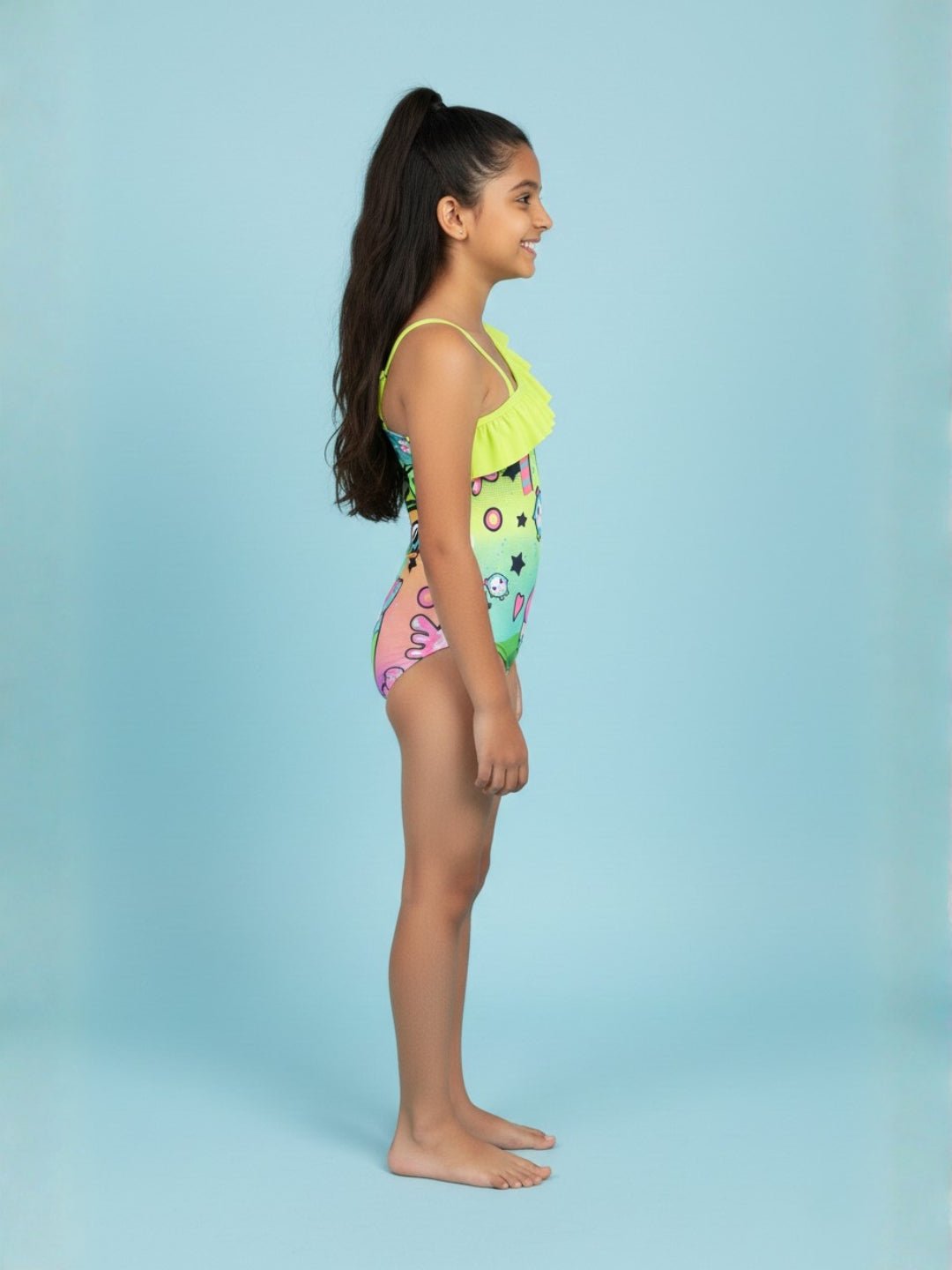 Graffiti Glam Girls Ruffle One Shoulder Swimsuit