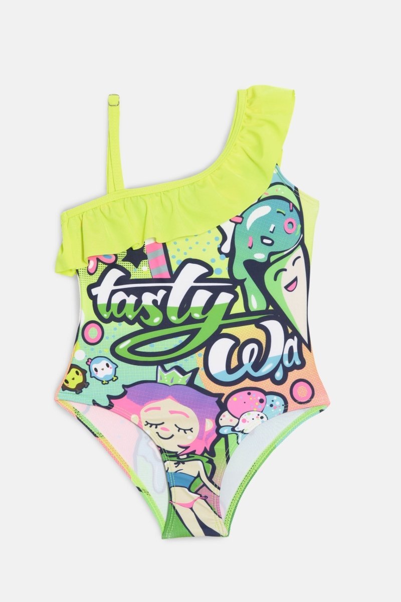 Graffiti Glam Girls Ruffle One Shoulder Swimsuit