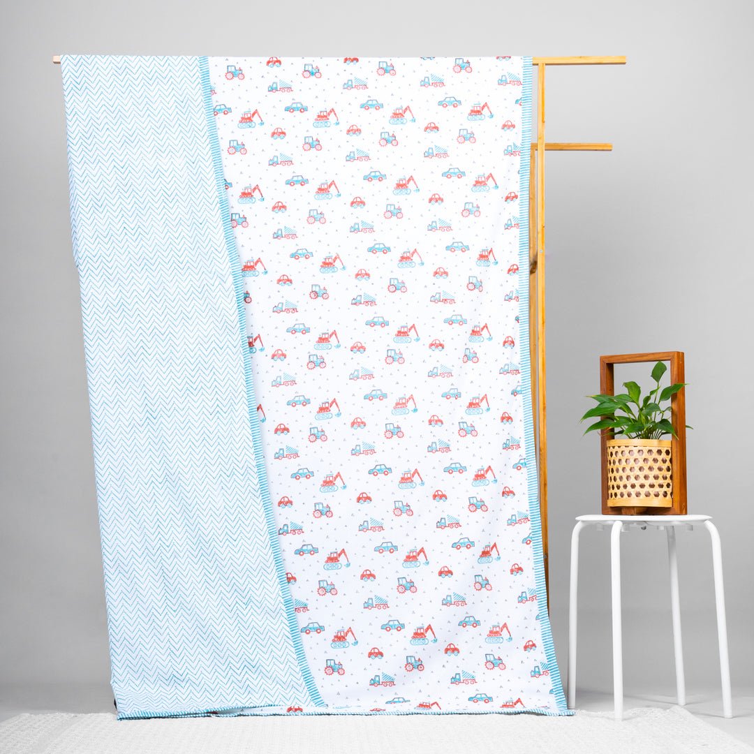 Vroom Vroom Vehicles 1 PC Kids Cotton Muslin Dohar With Hand Screen Print