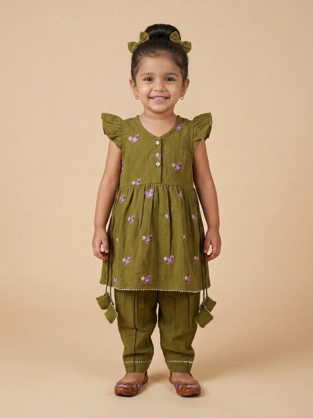 Gungun Embroidered Kurta Set Green Anarkali Sharara Set For Girls