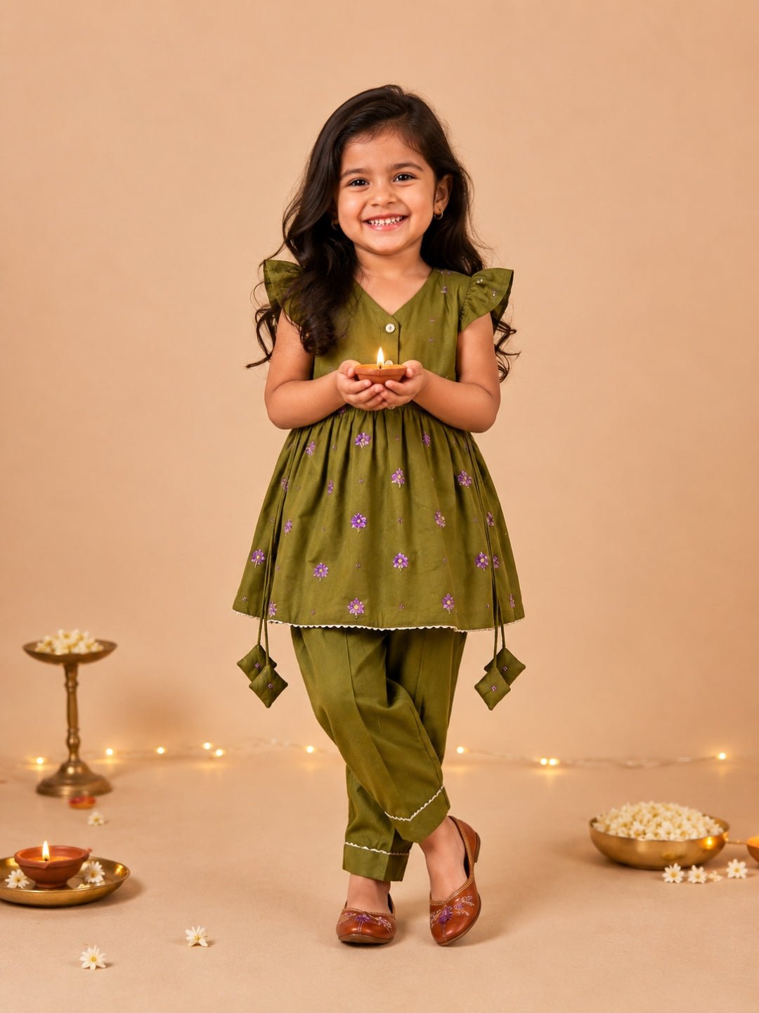 Gungun Embroidered Kurta Set Green Anarkali Sharara Set For Girls