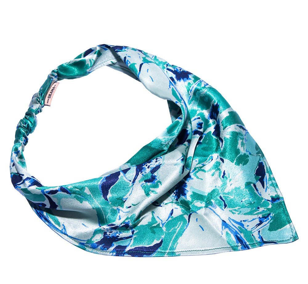 Blue & Green Abstract Printed Silk Satin Headscarf With Elastic