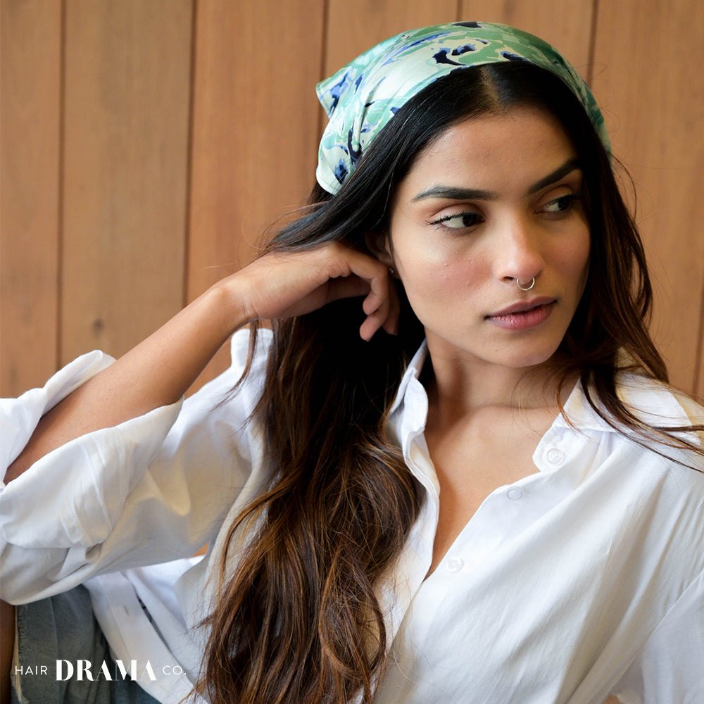 Blue & Green Abstract Printed Silk Satin Headscarf With Elastic