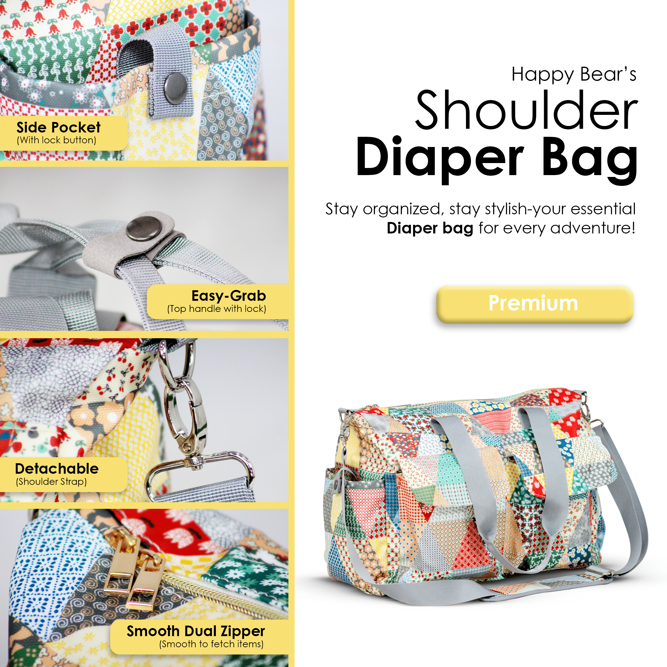 Happy Bear Baby Premium Diaper Bag Shoulder Type Travel Grey 1.32lb