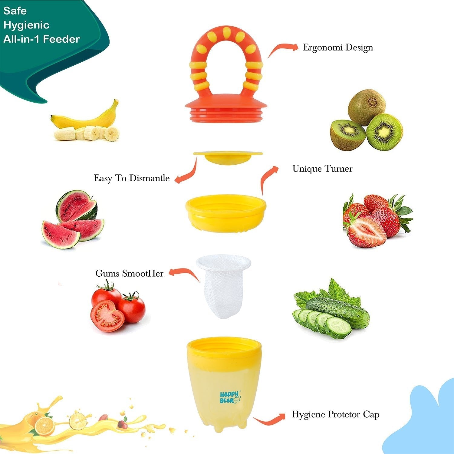 Happy Bear Yellow With Red Fruit Feeder With Extra Mesh For Babies