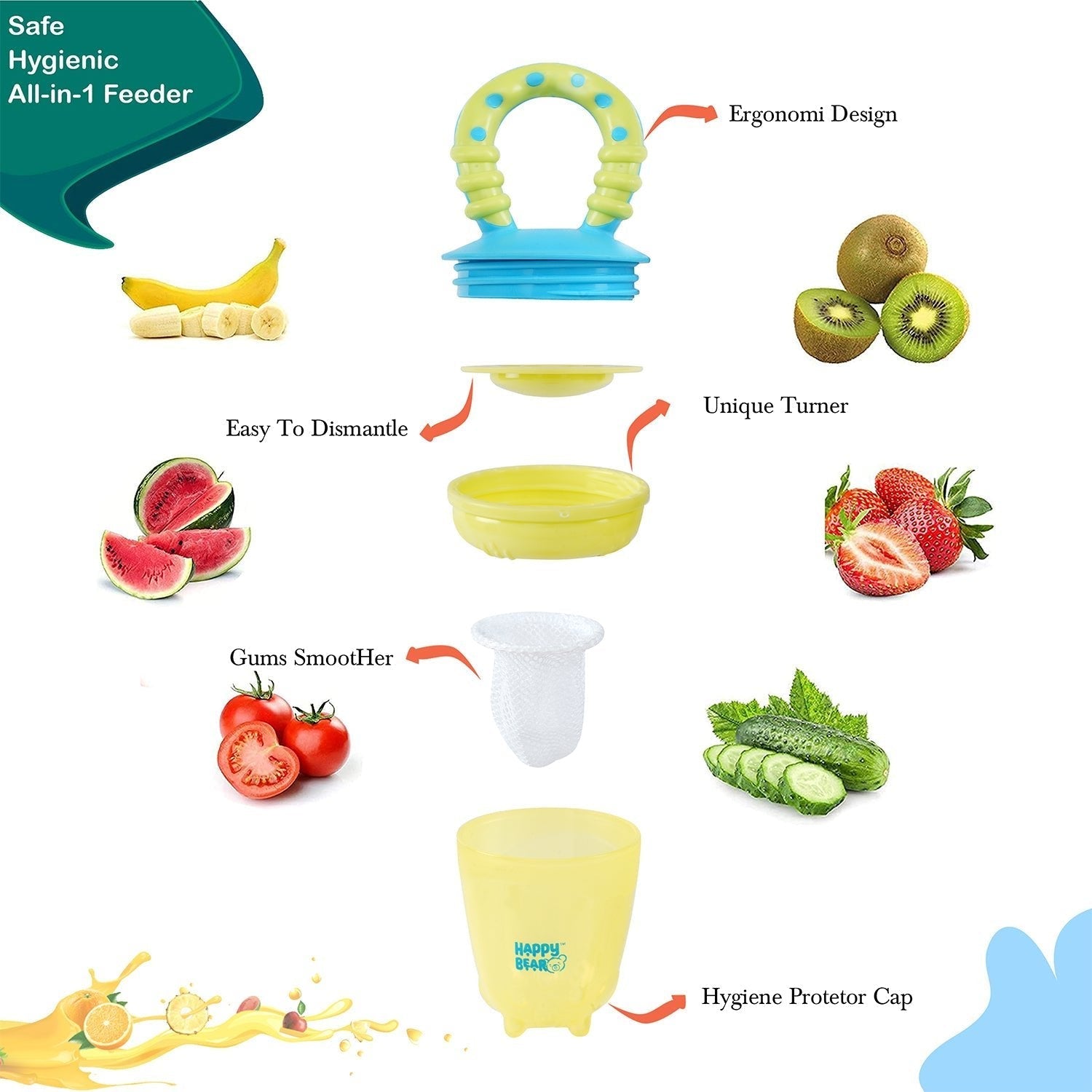 Happy Bear Yellow With Red Fruit Feeder With Extra Mesh For Babies