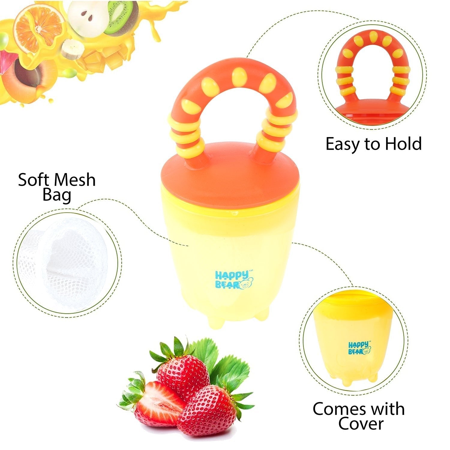 Happy Bear Yellow With Red Fruit Feeder With Extra Mesh For Babies