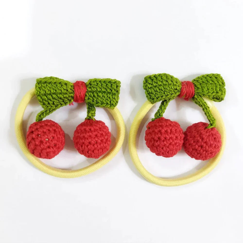 Red Cherries Handcrafted Crochet Kids Hair Tie Cotton Yarn Accessory