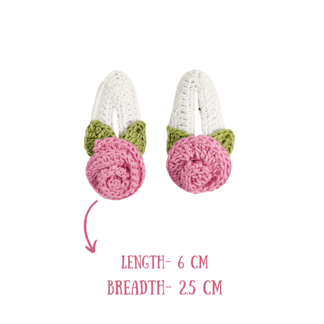 Pink Rose Handcrafted Crochet Cotton Hair Clips For Kids