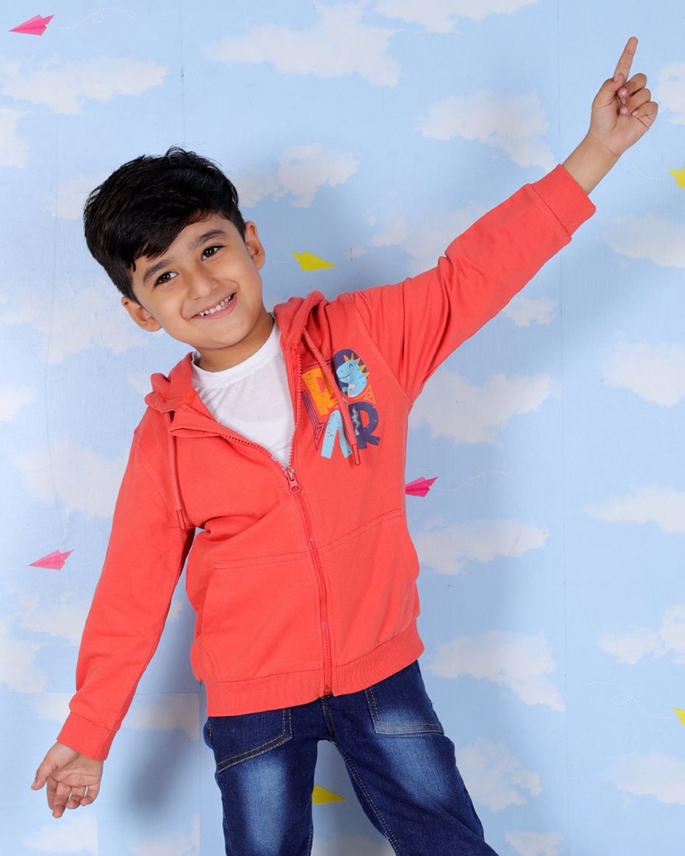  Red Hear The Dino ROAR Zipper Hoodie For Boys