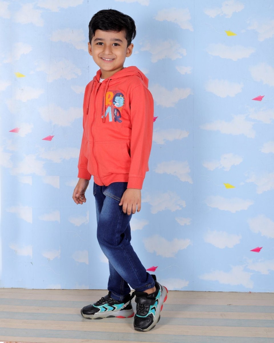  Red Hear The Dino ROAR Zipper Hoodie For Boys