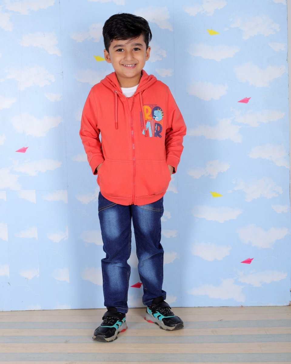  Red Hear The Dino ROAR Zipper Hoodie For Boys