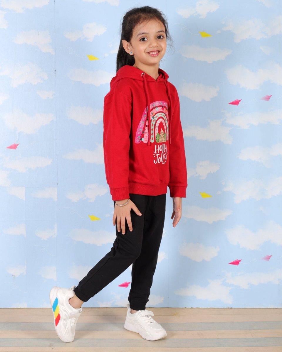  Red Holly Jolly Hooded Sweatshirt For Girls
