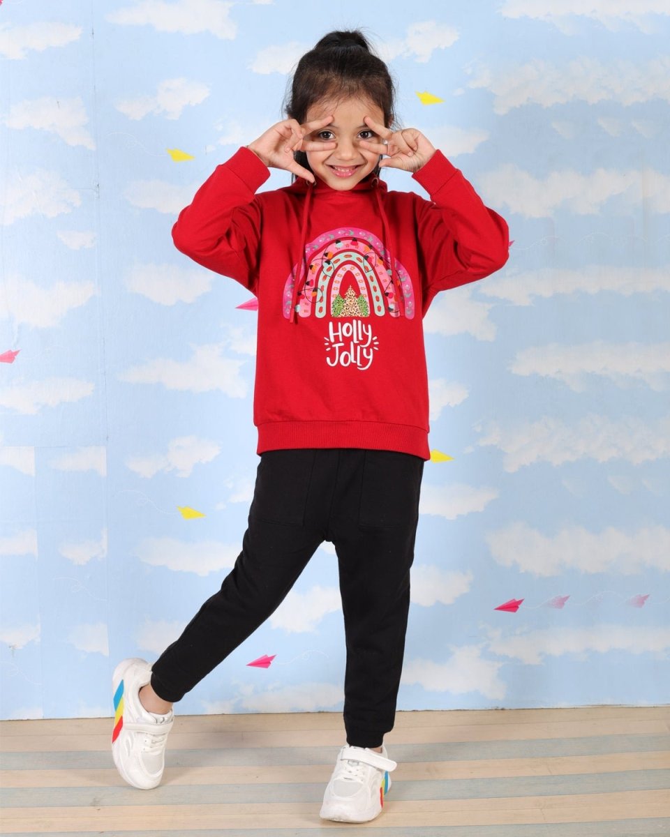  Red Holly Jolly Hooded Sweatshirt For Girls