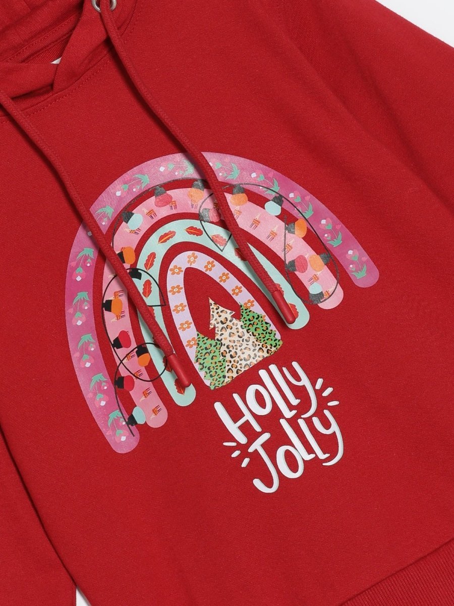  Red Holly Jolly Hooded Sweatshirt For Girls