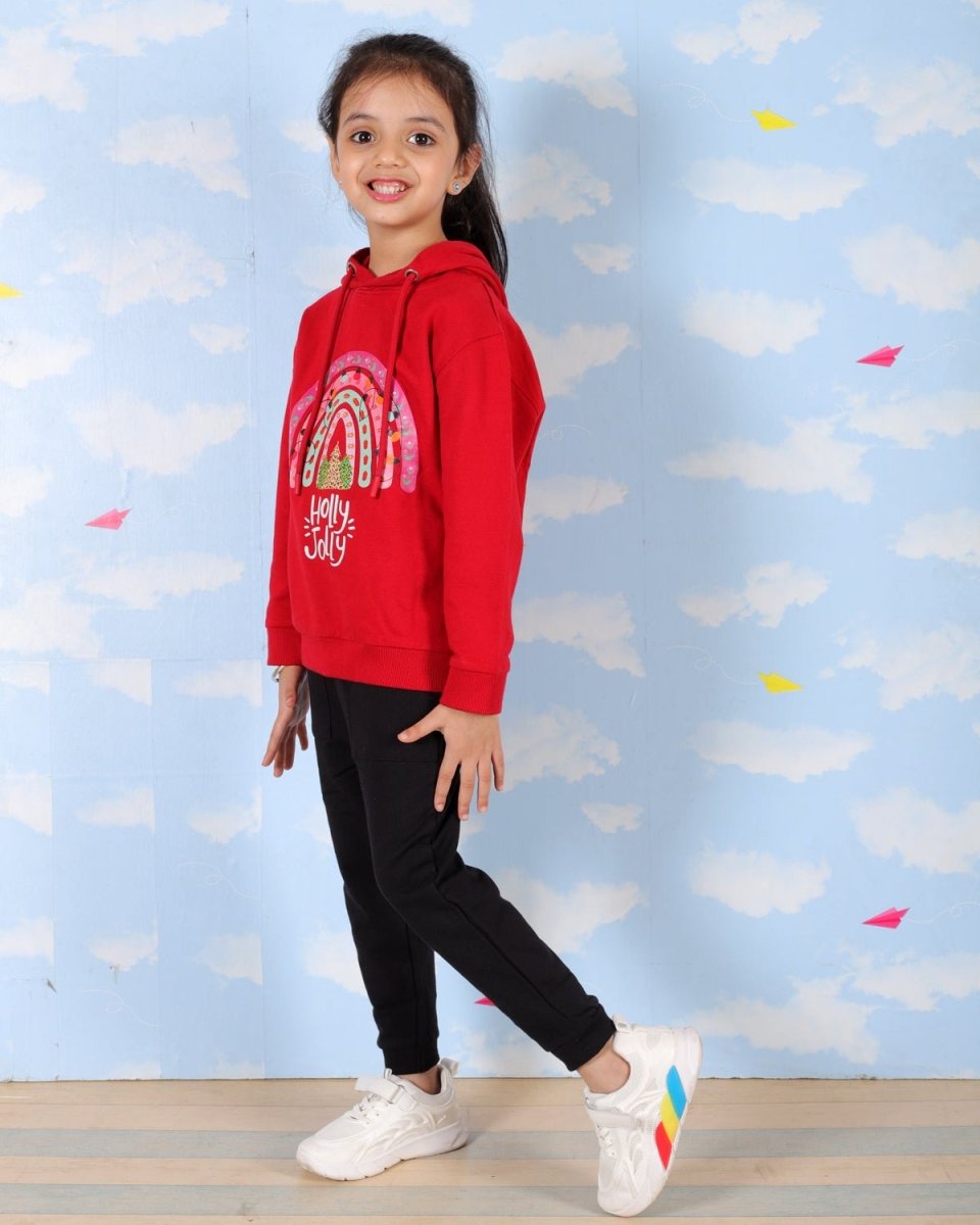  Red Holly Jolly Hooded Sweatshirt For Girls