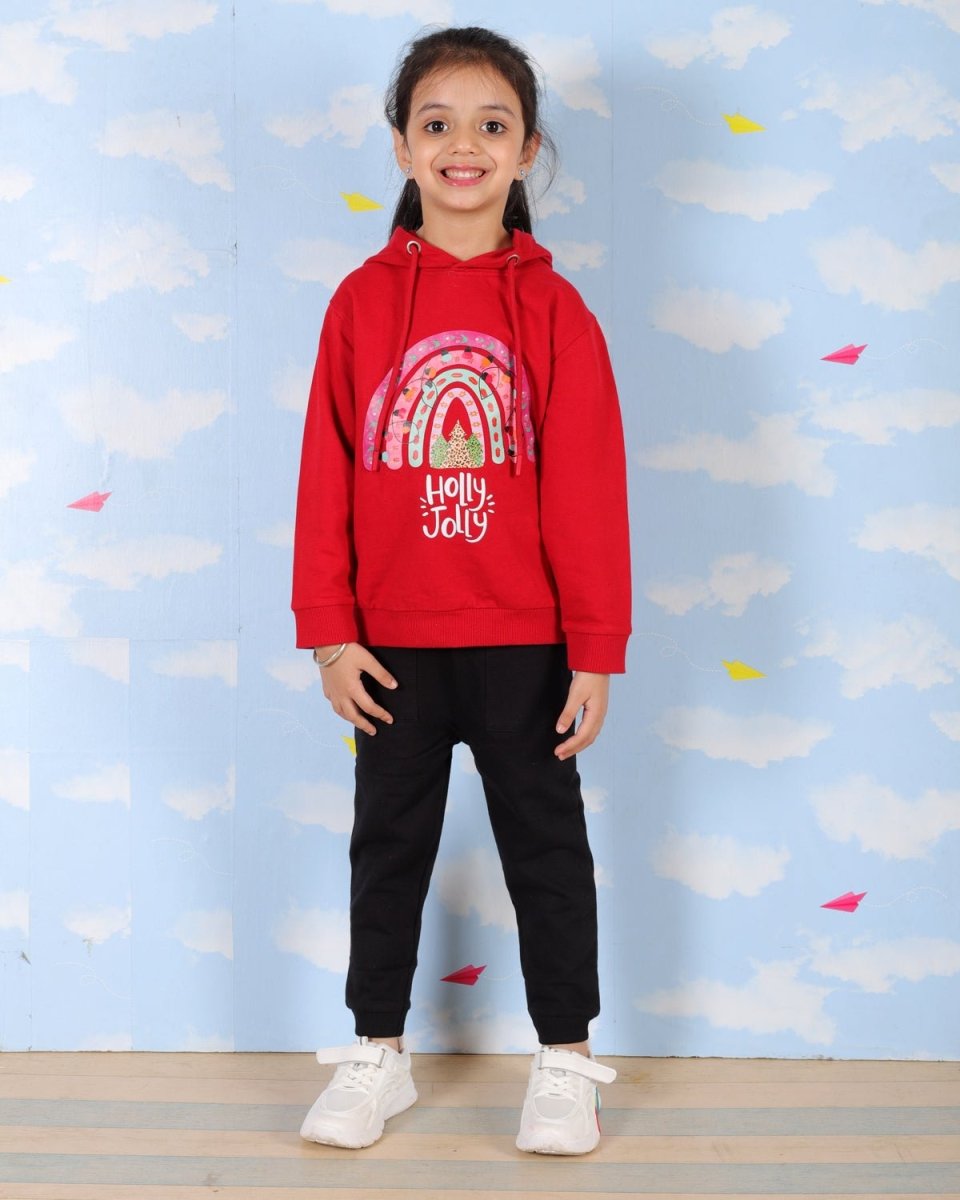  Red Holly Jolly Hooded Sweatshirt For Girls