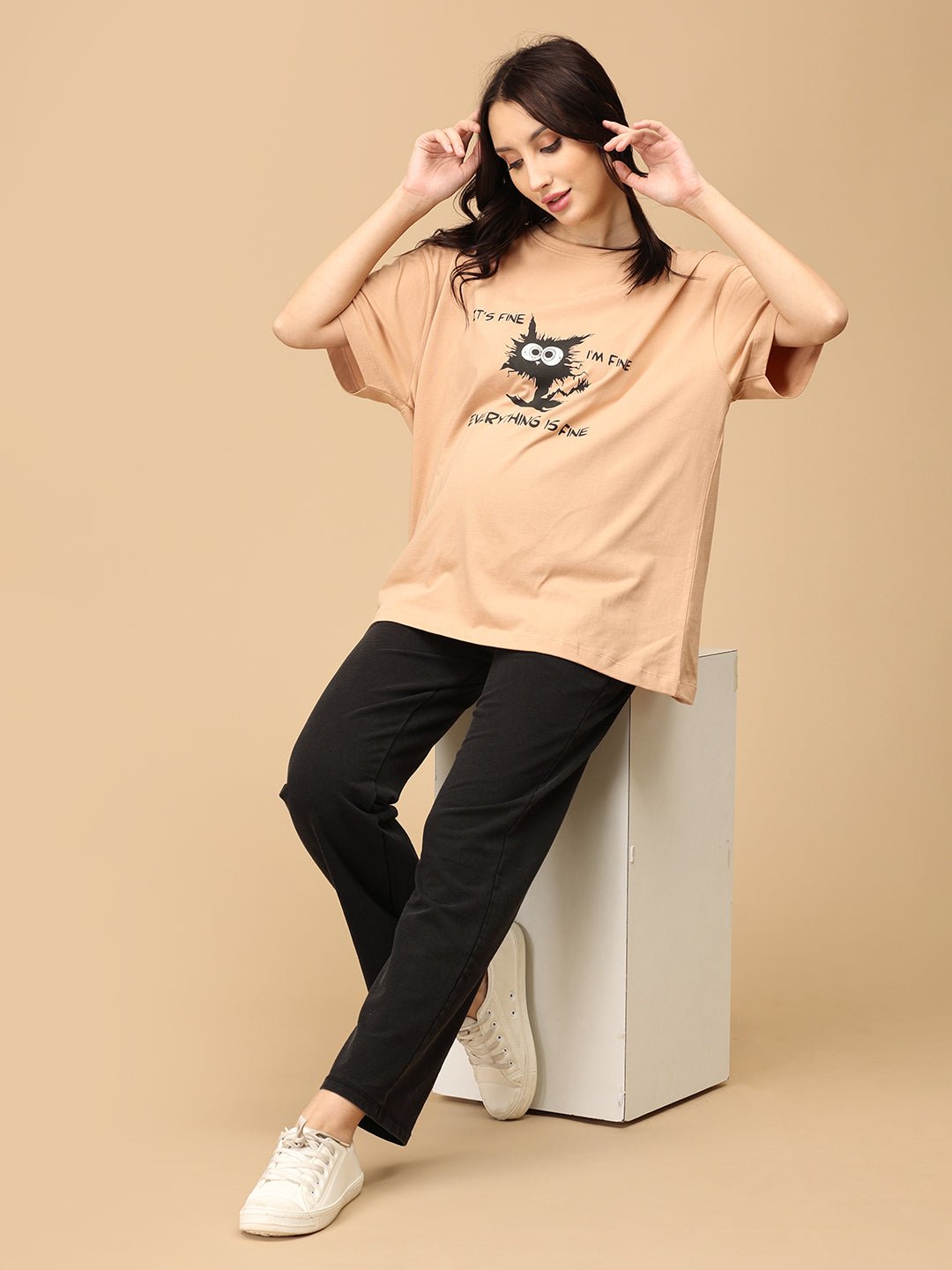  I'm Fine Oversized Maternity and Nursing T shirt Sand
