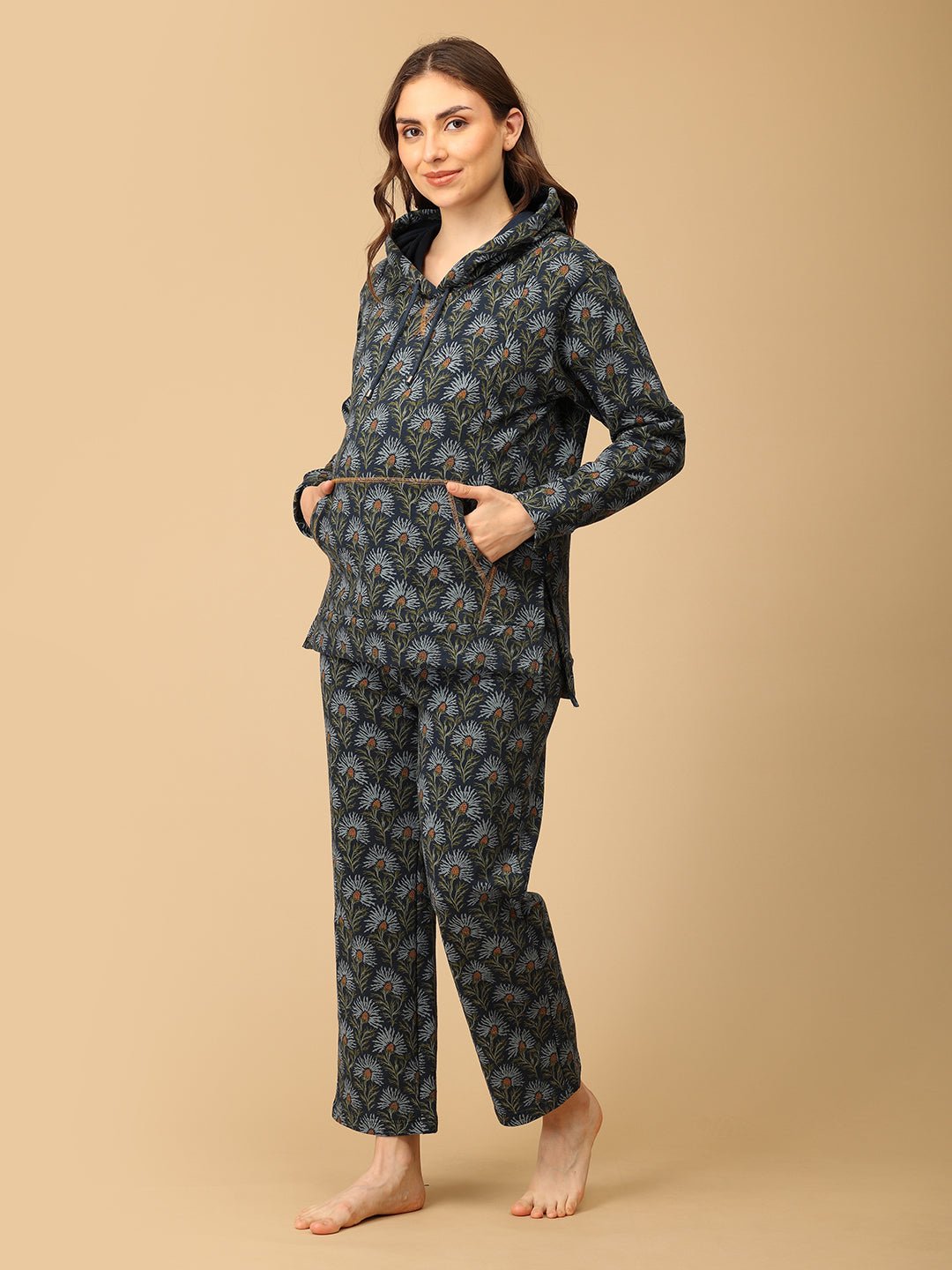  In Bloom & Blue Maternity and Nursing Hoodie Pajama Set Blue