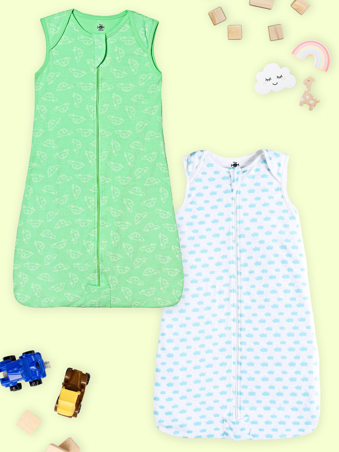 Combo Of 2 Kids Cotton Vroom Vroom And Happy Cloud Sleeping Bag Set