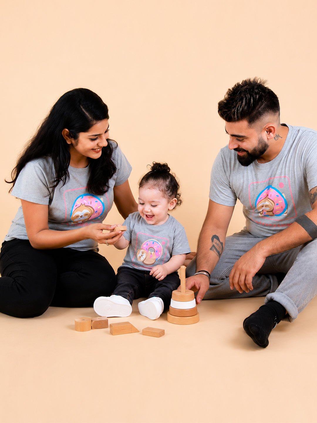 Insta Parents Grey Cotton Matching Family T-Shirt Twinning Combo Of 3