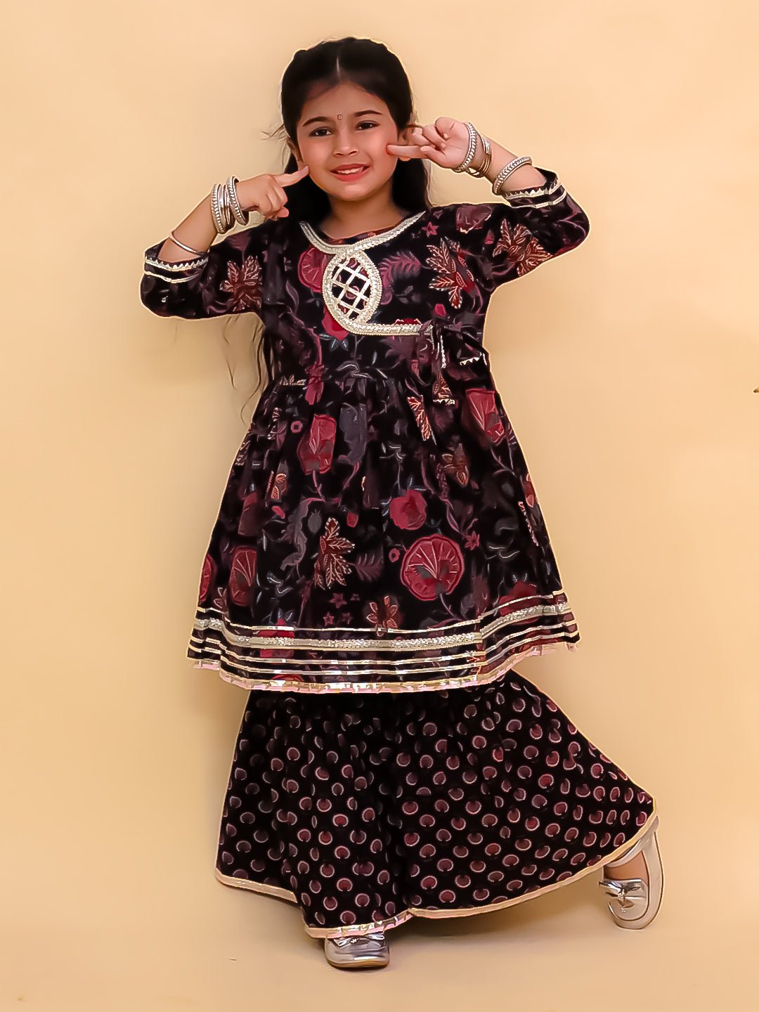 Kaali Katha Block Print Girls Anarkali Sharara Set