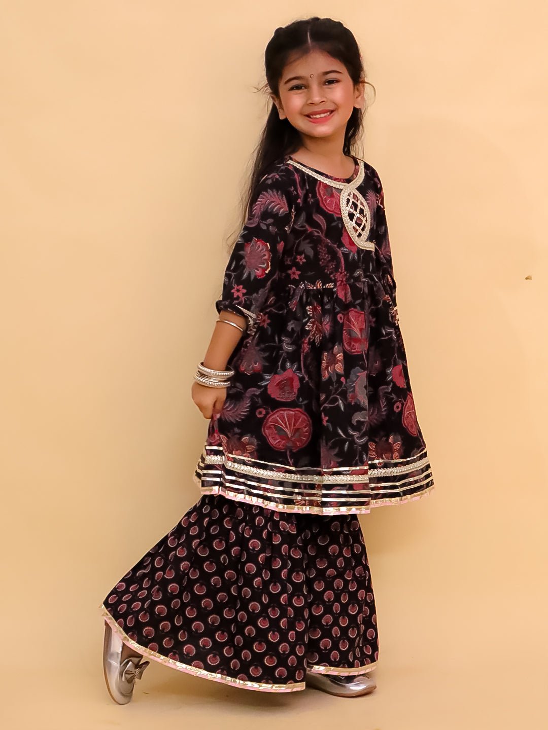 Kaali Katha Block Print Girls Anarkali Sharara Set