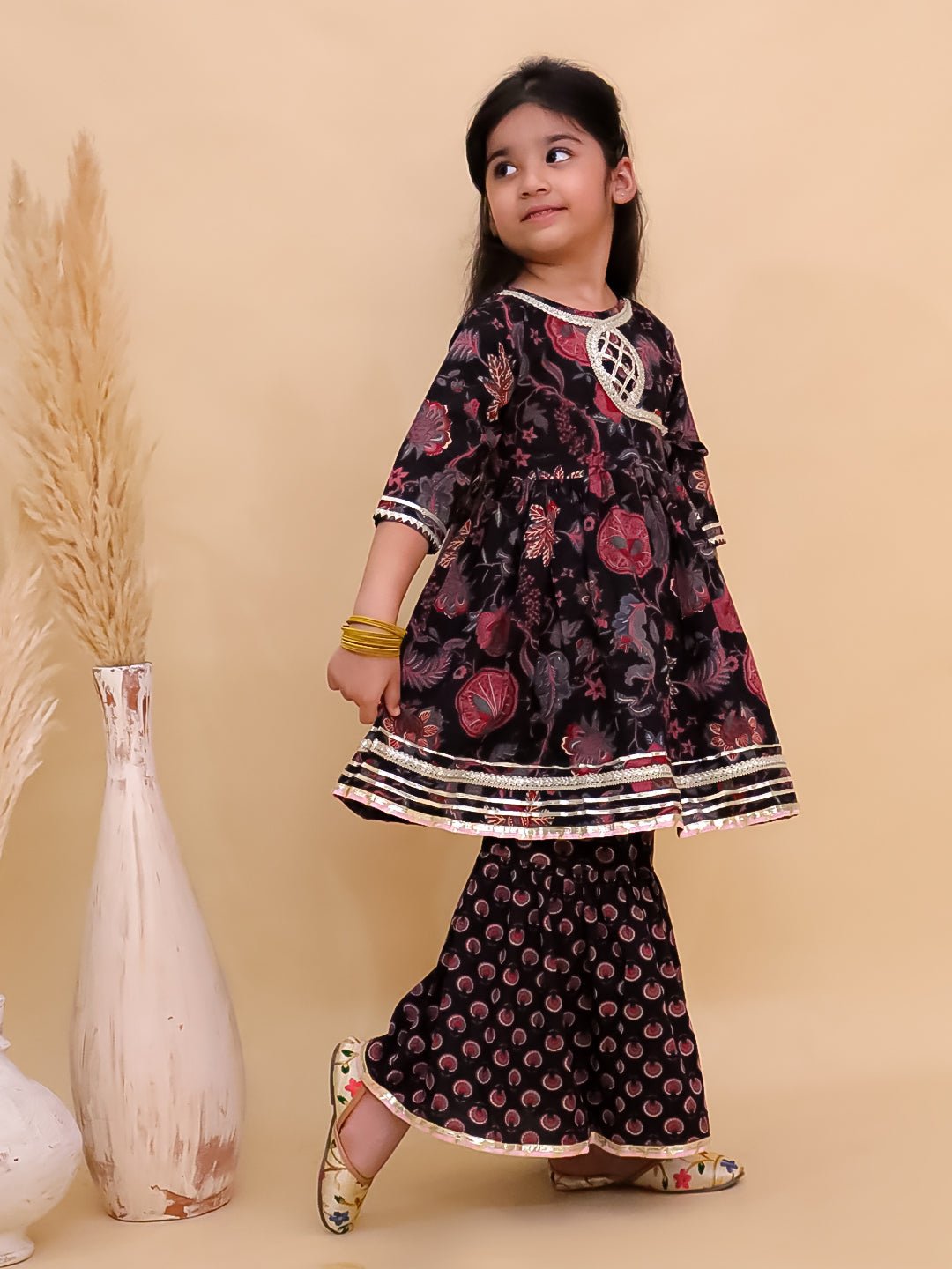 Kaali Katha Block Print Girls Anarkali Sharara Set