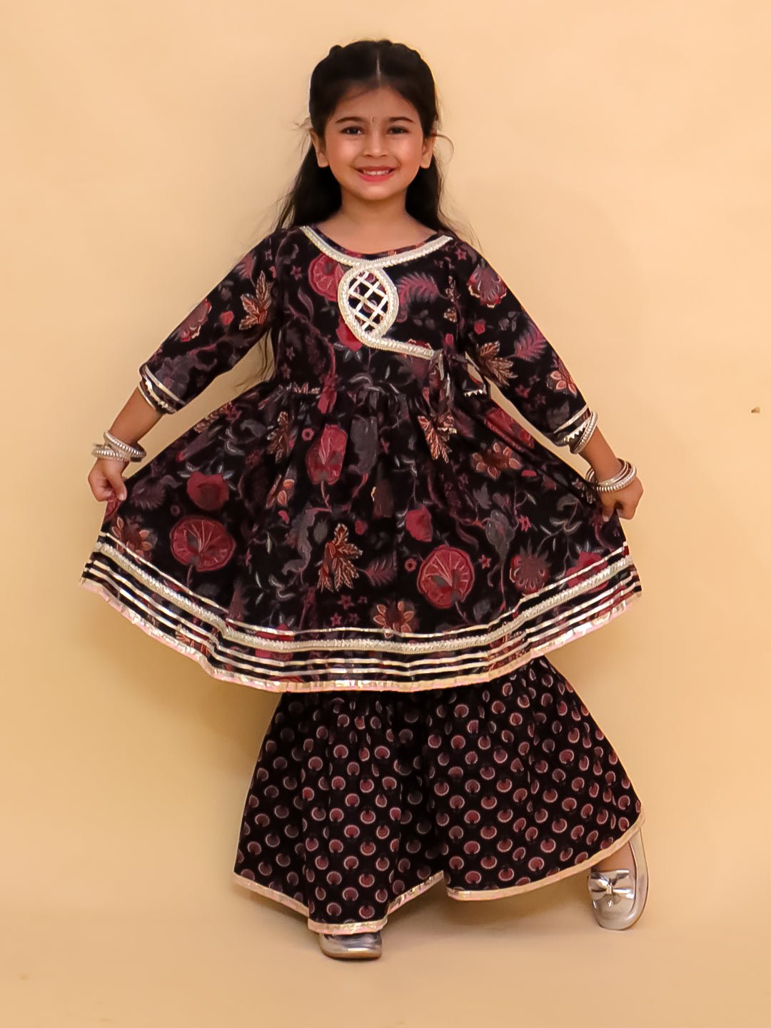 Kaali Katha Block Print Girls Anarkali Sharara Set
