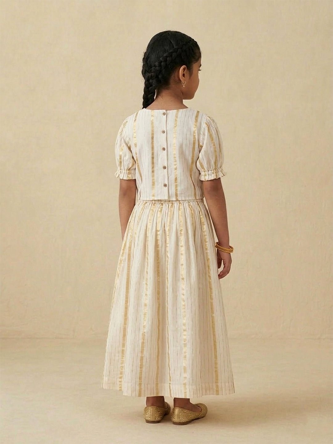 Kasavu Classic Off-White Pattu Pavada Skirt Set For Girls