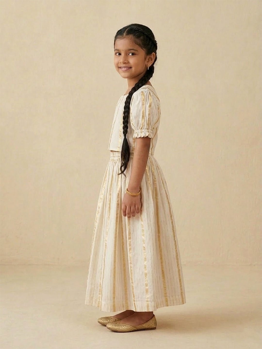 Kasavu Classic Off-White Pattu Pavada Skirt Set For Girls