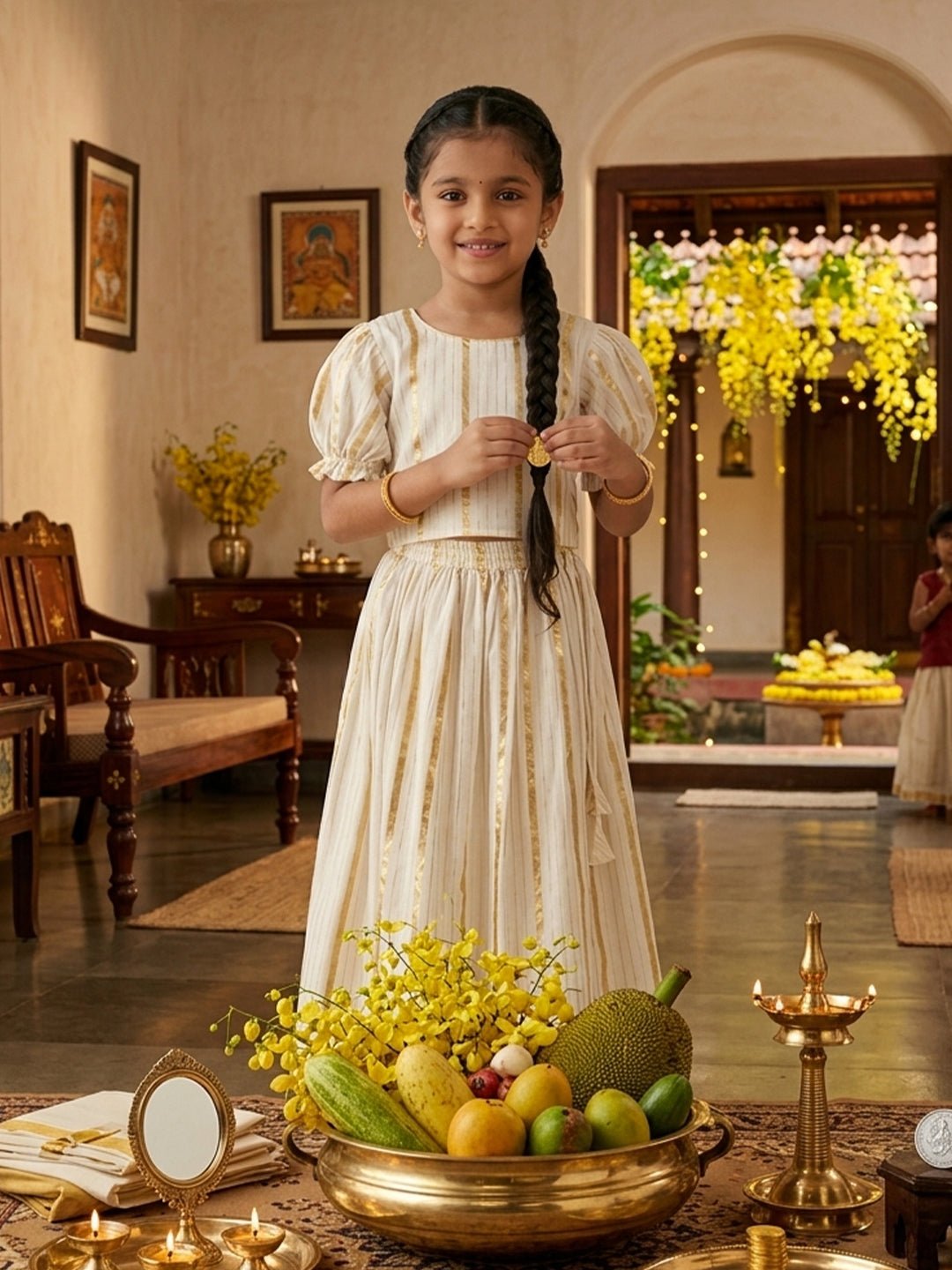 Kasavu Classic Off-White Pattu Pavada Skirt Set For Girls