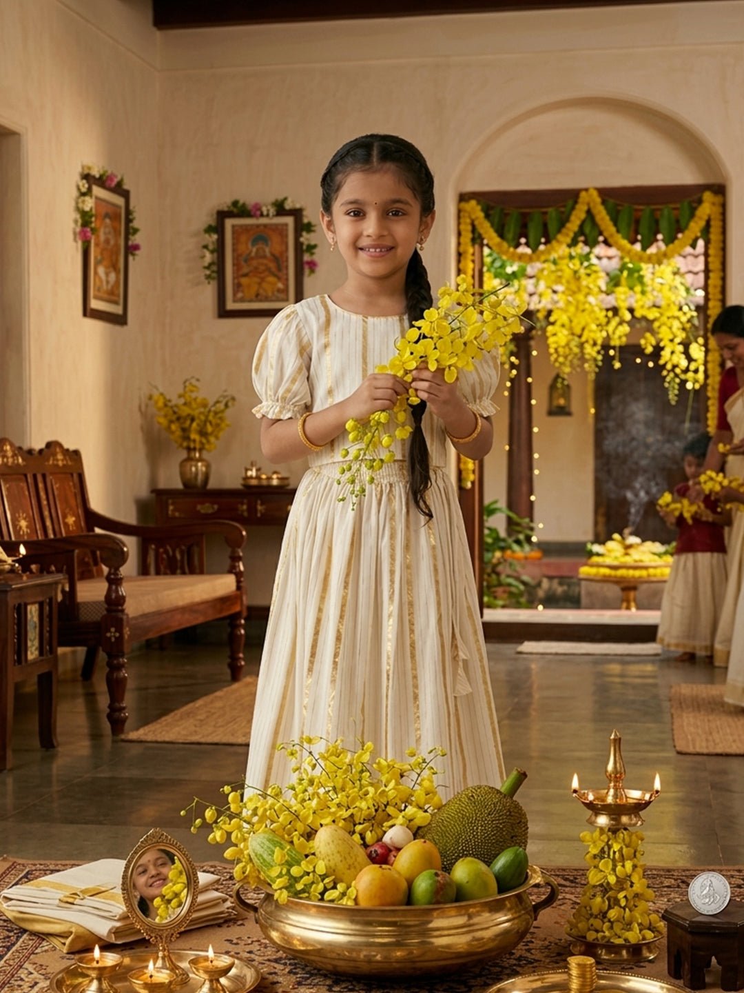 Kasavu Classic Off-White Pattu Pavada Skirt Set For Girls