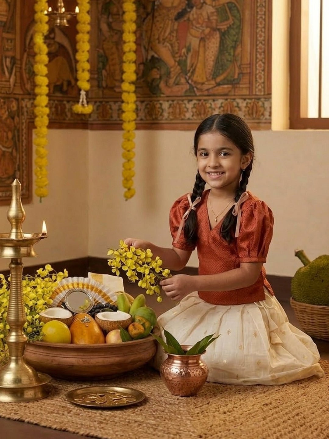 Kasavu Surya Off-White Pattu Pavada Skirt Set For Girls