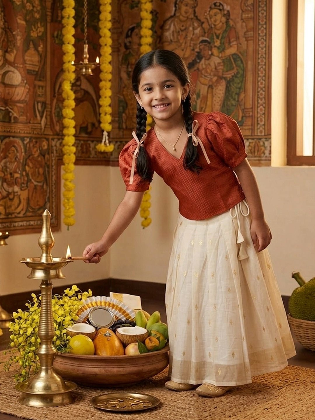 Kasavu Surya Off-White Pattu Pavada Skirt Set For Girls