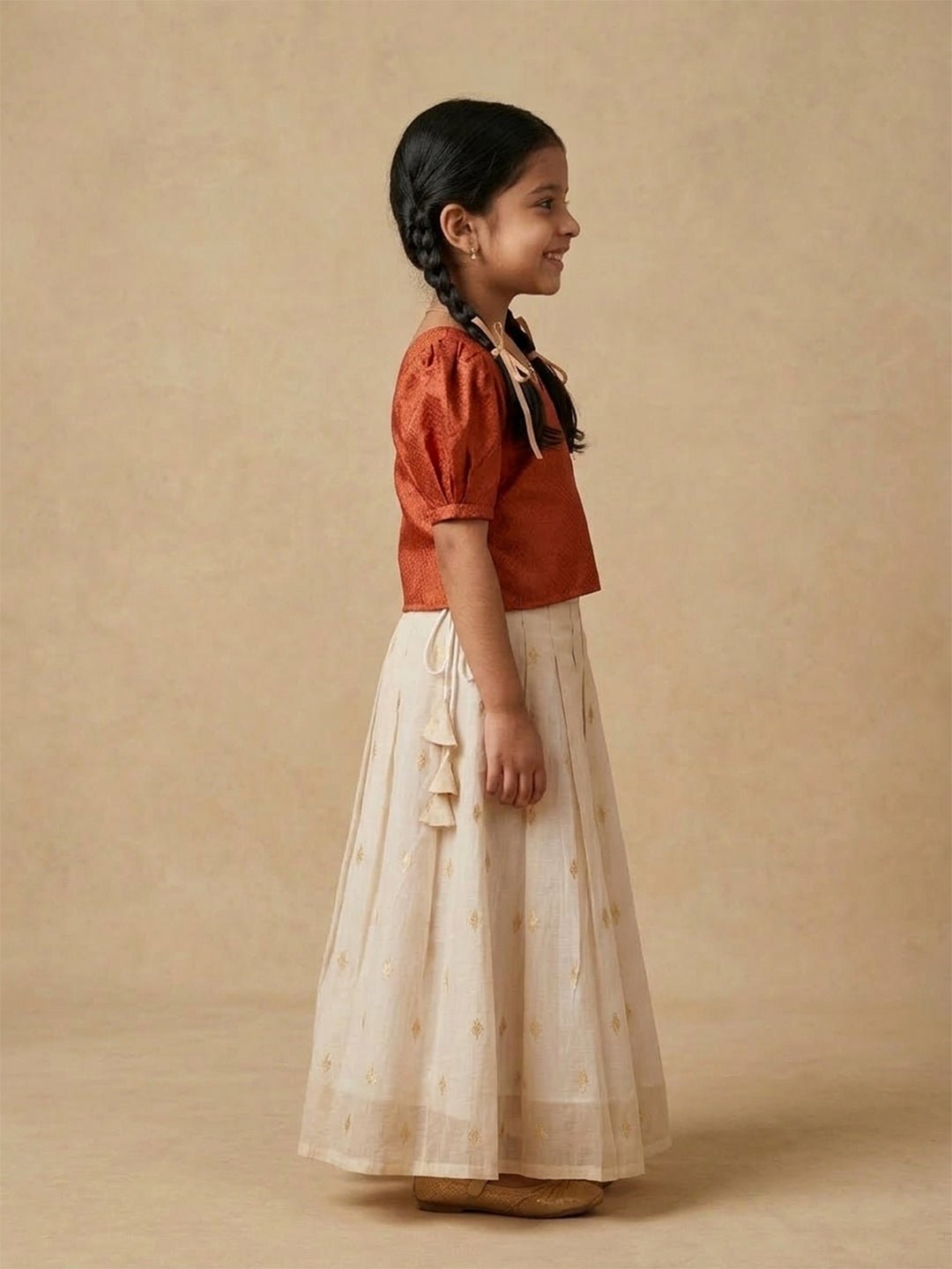 Kasavu Surya Off-White Pattu Pavada Skirt Set For Girls