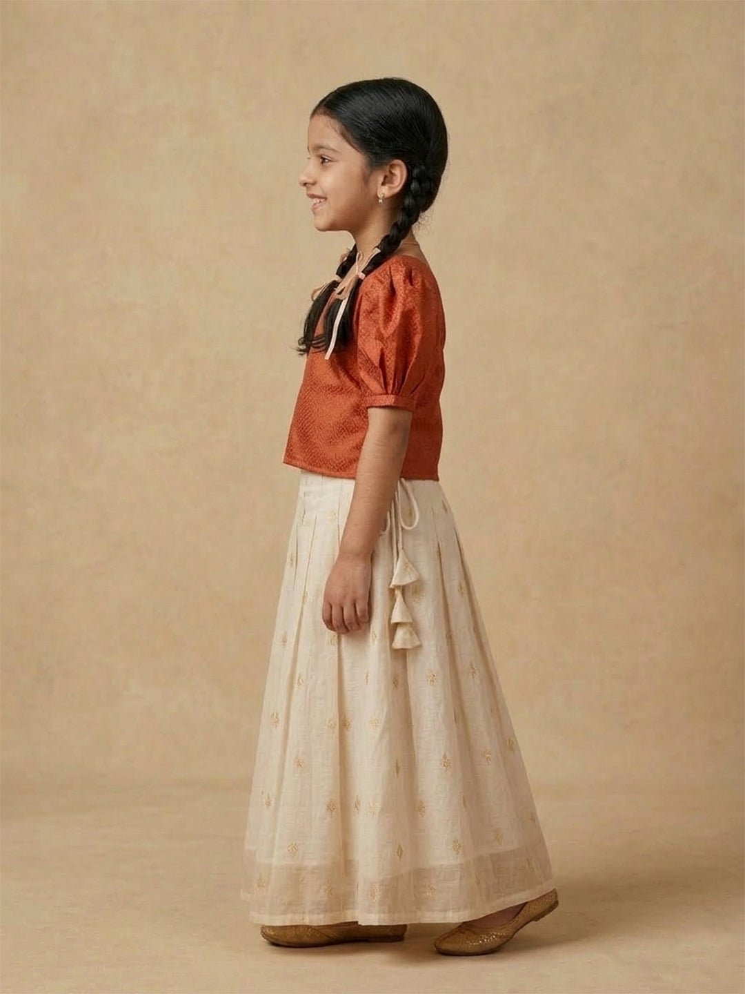 Kasavu Surya Off-White Pattu Pavada Skirt Set For Girls